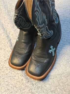 Tony Lama  Black Western Boots with Light Blue Cross Accents